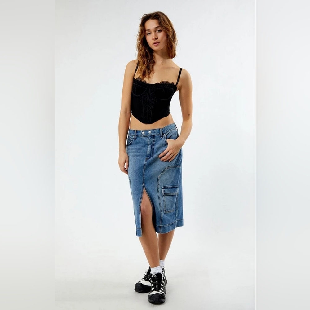 CIRCUS NY Medium Indigo Carpenter Cargo Denim Midi Skirt 29 Waist Like-New